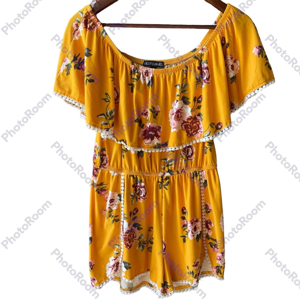 Riley James Yellow With Floral Print Romper, Size Medium